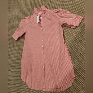Adrienne Pink and White Striped Ruffle-Collar Button Shirt Dress Size 1X
